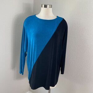 Chicos Womens Size 3 US 16 Blue Black Colorblock Tunic Top Stretch Slinky Knit